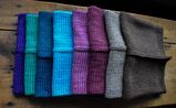 From left to right: brilliant violet, spearmint, twilight, seabreeze, lilac, mulberry, oatmeal, brown