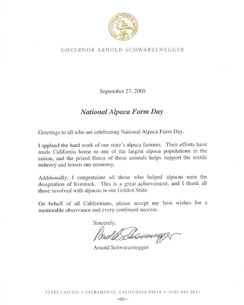 Governor Arnold Schwarzenegger's 2008 Letter for National Alpaca Farm Day
