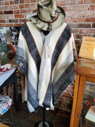Llama fiber hooded poncho and camo felted hat