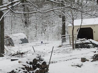 Spring snowy coop and barn