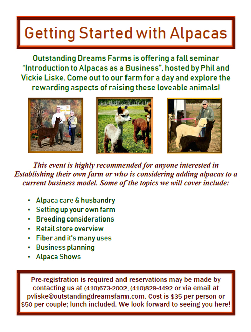 Fall Alpaca Business seminar takes place Saturday, October 6th at Outstanding Dreams Farm.