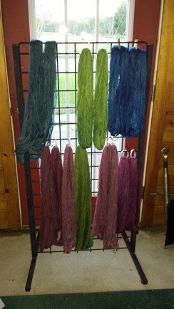 Drying our milled hand dyed yarn.