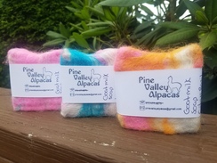 Handmade goat milk soap wrapped in processed alpaca fiber. Also known as felted soap. $7.50 each