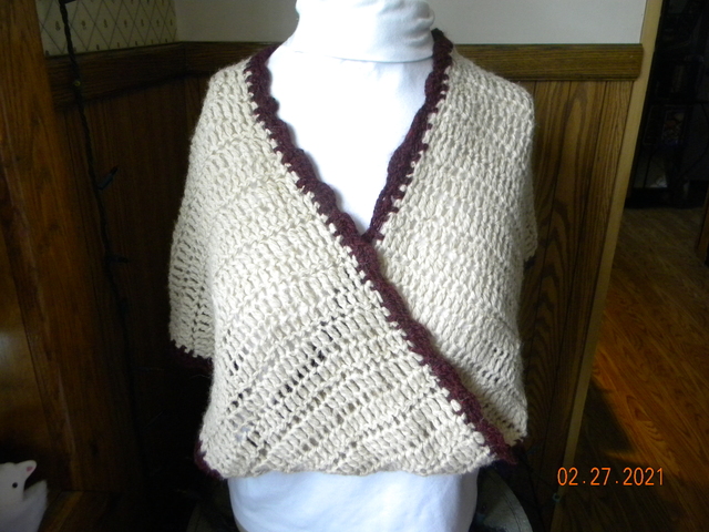 beige and cranberry mobius shawl